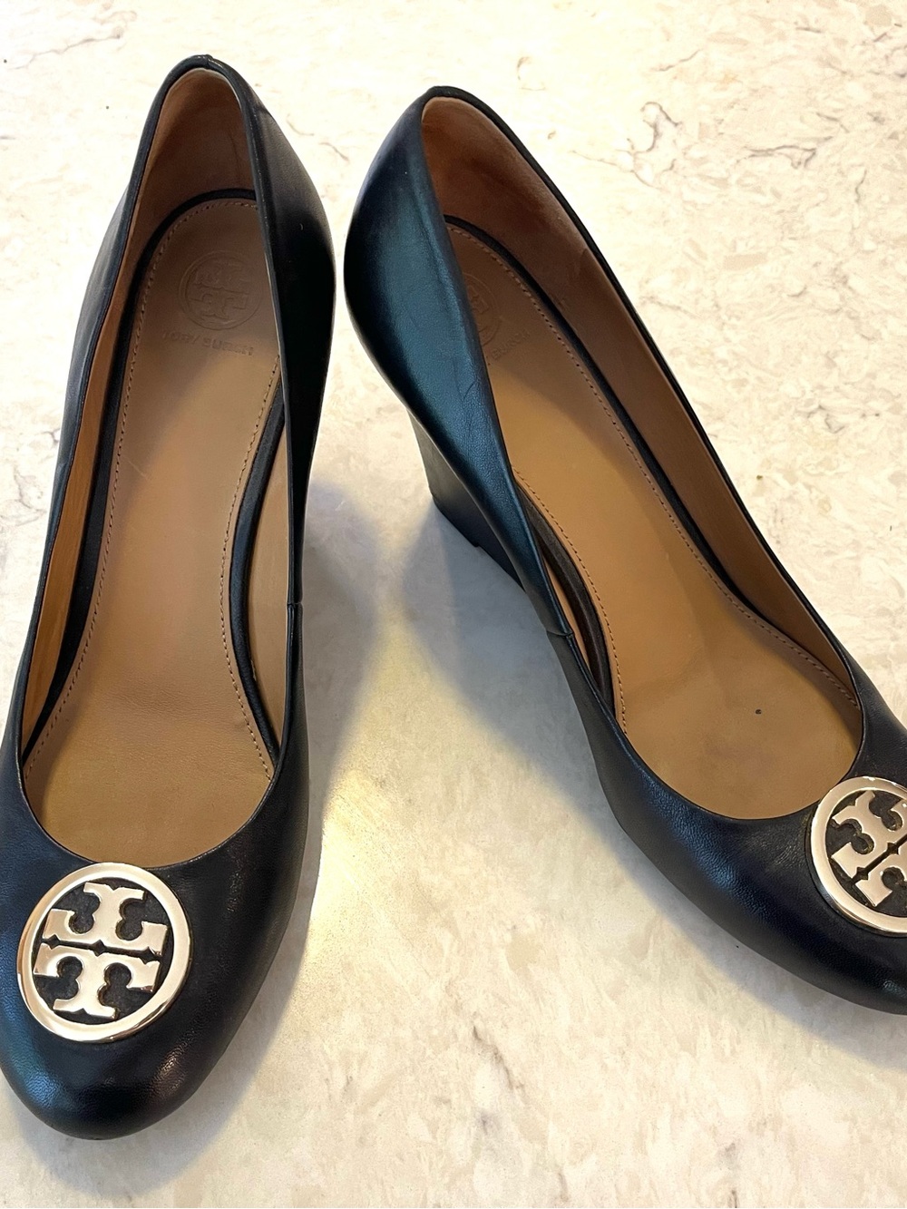 Tory Burch Black Leather wedge pumps with Gold Logo Medallions, 4” heel. - Picture 6 of 10